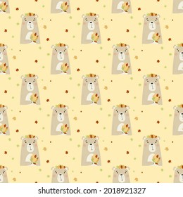 Seamless pattern with autumn bear. Cute animal with a bouquet of autumn leaves on a yellow background. Vector illustration in flat style for design, decor, textile and wallpaper, Packaging, decoration