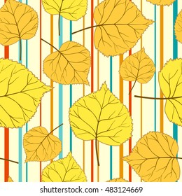 seamless pattern with autumn beautiful leaves  on striped light yellow background..Vector illustration for web pages,cloth,textile,wrapping paper,scrapbooking,