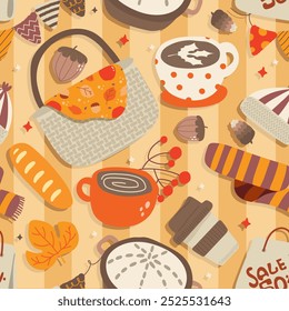 Seamless pattern of autumn beautiful season. Foliage, Pumpkins, Acorns and pine cones, Warm beverages, Sweaters and scarves. Vector illustration.