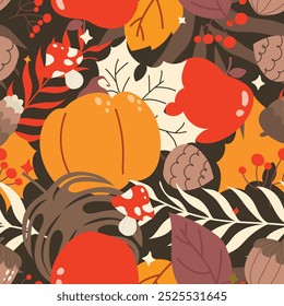 Seamless pattern of autumn beautiful season. Foliage, Pumpkins, Acorns and pine cones, Warm beverages, Sweaters and scarves. Vector illustration.