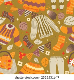 Seamless pattern of autumn beautiful season. Foliage, Pumpkins, Acorns and pine cones, Warm beverages, Sweaters and scarves. Vector illustration.