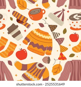 Seamless pattern of autumn beautiful season. Foliage, Pumpkins, Acorns and pine cones, Warm beverages, Sweaters and scarves. Vector illustration.