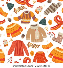 Seamless pattern of autumn beautiful season. Foliage, Sock, Acorns and pine cones, Warm beverages, Sweaters and scarves. Vector illustration.