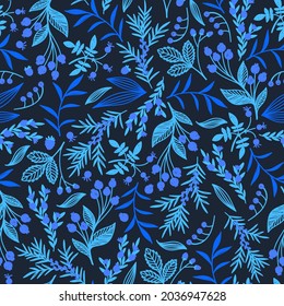 Seamless pattern with autumn berries in blue tones on a blue background in vector