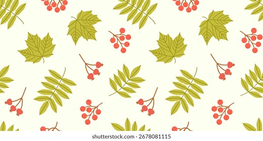 Patrón sin fisuras con bayas y hojas de otoño. Para el Fondo de pantalla, papel de embalaje, fondo, Anuncio, tarjeta, artesanías, embalaje, imprimible, textil, decoración, tela, niños, diseño de temporada. Vector plano.
