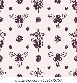 Seamless pattern of autumn berries on beige background. Hand-drawn black line art. Cozy fall season. Fruit harvest and organic food concept. Vector autumn design