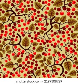 seamless pattern with autumn berries, twigs and blueberry leaves