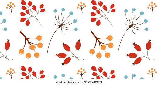 Seamless pattern with autumn berries. Wild rose, viburnum, mountain ash.	
