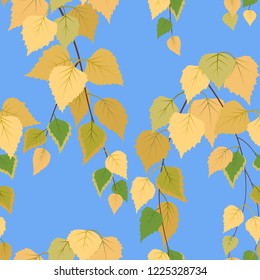 Seamless pattern with autumn birch branches on blue sky background.  Vector colored flat style endless texture.