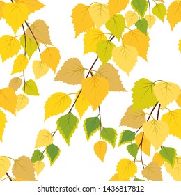 Seamless pattern with autumn birch branches on white background. Vector colorful flat style endless texture.