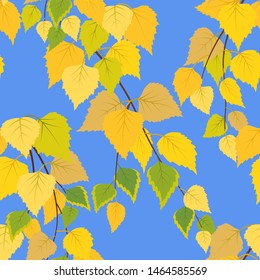Seamless pattern with autumn birch branches on blue sky background. Vector colorful flat style endless texture.