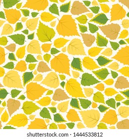 Seamless pattern with autumn birch leaves on white background. Vector colorful flat style endless texture.