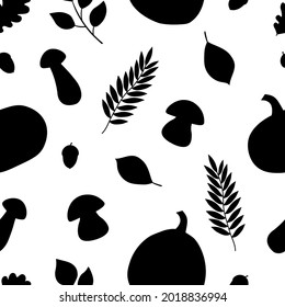 Seamless pattern Autumn black silhouette vector illustration. Leaves mushrooms pumpkins graphics