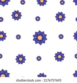 Seamless pattern with autumn blue abstract flowers in warm colors isolated on white background in flat cartoon style.