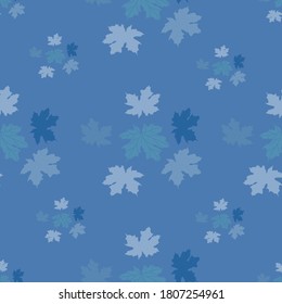 Seamless pattern of autumn blue leaves. Maple leaves of various sizes are scattered randomly over the background. For packaging and wrapping paper

