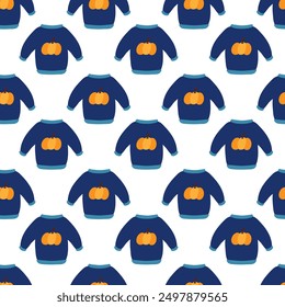 Seamless pattern. Autumn blue sweater with pumpkin design. Cozy fall background. Vector flat illustration.