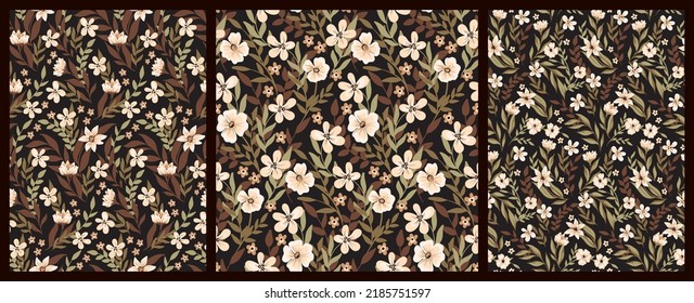Seamless pattern with autumn botany in the set. Folk style floral print, botanical background with hand drawn wild flowers, herbs, leaves in brown colors. Vector illustration.