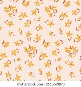 Seamless pattern with autumn botany, yellow flowers, leaves on a light background. Trendy floral print, delicate botanical background with liberty hand drawn plants. Vector illustration.