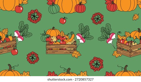 Patrón sin fisuras de la abundancia de otoño con calabazas, manzanas, rábanos y cajas de verduras frescas sobre un fondo verde.