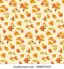Seamless pattern with autumn bouquets of flowers on a light background. Simple floral print with yellow and red small flowers, twigs, leaves. Flowers and leaves fall freely in space. Vector.