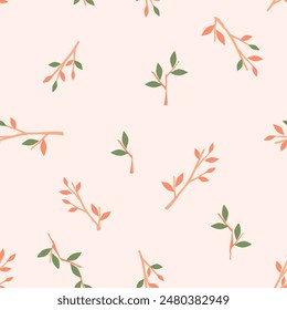 Seamless pattern of Autumn branch with leaves on pastel orange background vector. Cute fabric print.