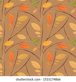 Seamless pattern with autumn branches. Decorative leaves and branches on brown background.