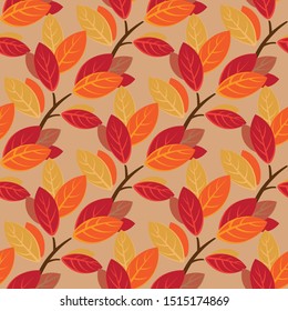 Seamless pattern with autumn branches. Decorative leaves and branches on gray background.