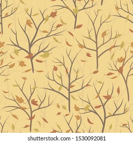 Seamless pattern of autumn branches with falling leaves