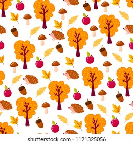 Seamless pattern with autumn branches and leaves on white background. Floral hand drawn ornament in yellow and red colors. Bright background for printing on fabric, wallpaper and paper. Vector