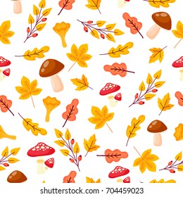 Seamless pattern with autumn branches and leaves on white background. Floral hand drawn ornament in yellow and red colors. Bright background for printing on fabric, wallpaper and paper. Vector