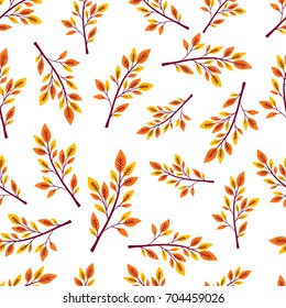 Seamless pattern with autumn branches and leaves on white background. Floral hand drawn ornament in yellow and red colors. Bright background for printing on fabric, wallpaper and paper. Vector