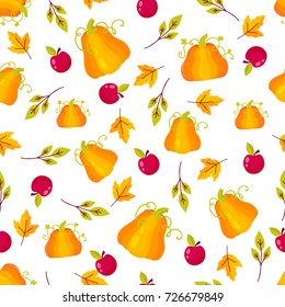 Seamless pattern with autumn branches and leaves on white background. Floral hand drawn ornament in yellow and red colors. Bright background for printing on fabric, wallpaper and paper. Vector