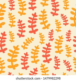 Seamless pattern with autumn branches. Orange, yellow hand drawn cowberry or blueberry sticks on light  pastel background. Detailed drawing with hatching. Repeated ornament. Textile or paper design.