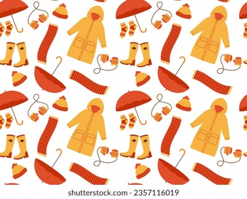 Seamless pattern of autumn bright clothes. Colored vector illustration for fabric design, wrapping paper, clothing