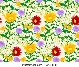 Seamless pattern with autumn bright flowers on light background.