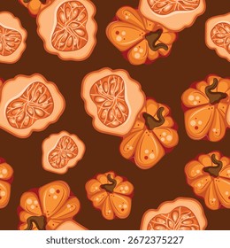 padrão sem emenda com o ícone brilhante do outono de uma abóbora cortado em duas metades com sementes nele, forma redonda em um fundo marrom, para desenhos ou padrões de outono e embalagem