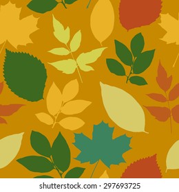 Seamless pattern with autumn bright leaves on a yellow background. Vector illustration