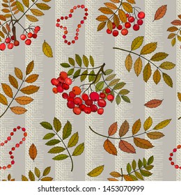Seamless pattern with autumn bunches of rowan berries on a sprig with leaves and rowan beads. Vector