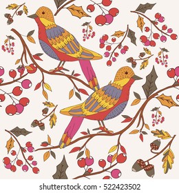 Seamless pattern autumn card with forest tree cute birds decorative elements.Vector hand drawn vintage background set.