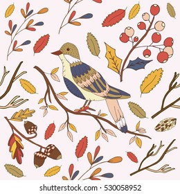 Seamless pattern autumn card with forest tree cute birds decorative elements.Vector hand drawn vintage background set.
