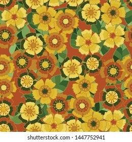 Seamless pattern. Autumn carnations on the background of green leaves. Random arrangement of elements.