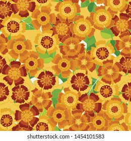 Seamless pattern. Autumn carnations on the background of green leaves. Random arrangement of elements.