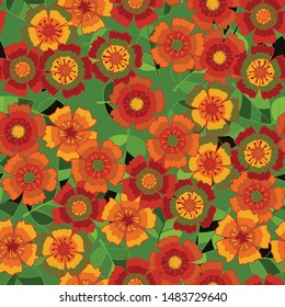 Seamless pattern. Autumn carnations on the background of green leaves. Random arrangement of elements.
