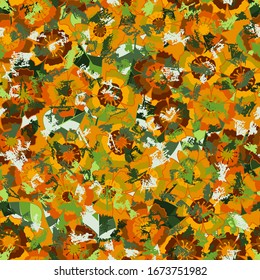Seamless pattern. Autumn carnations on the background of green leaves. Random arrangement of elements. Heavily scratched texture. Editable.