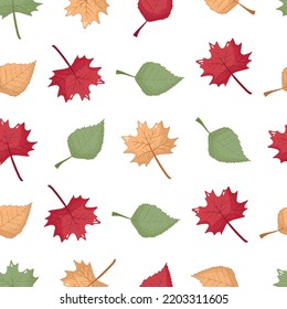 Patrón sin foco con caricatura de otoño hojas planas verdes, amarillas, rojas aisladas en fondo blanco, papel de pared de agradecimiento