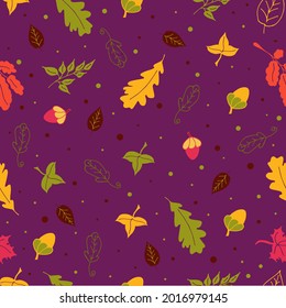 Seamless pattern with autumn cartoon leaves, acorns. Autumn background with leaves.Perfect for wrap paper, wallpaper, background and seasonal textile. Vector illustration in doodle style.