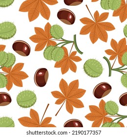 Patrón inexorable de hojas y frutos de castaños otoñales en un fondo blanco.El patrón vectorial se puede usar en textiles, embalaje, diseños otoñales, postales.