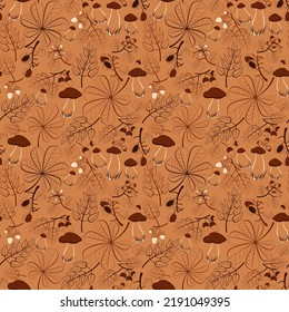seamless pattern with autumn chestnuts, acorns, nuts and mushrooms, forest composition