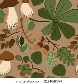 seamless pattern with autumn chestnuts, acorns, nuts and mushrooms, forest composition