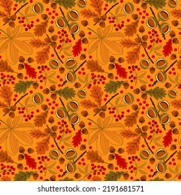 seamless pattern with autumn chestnuts, acorns and berries